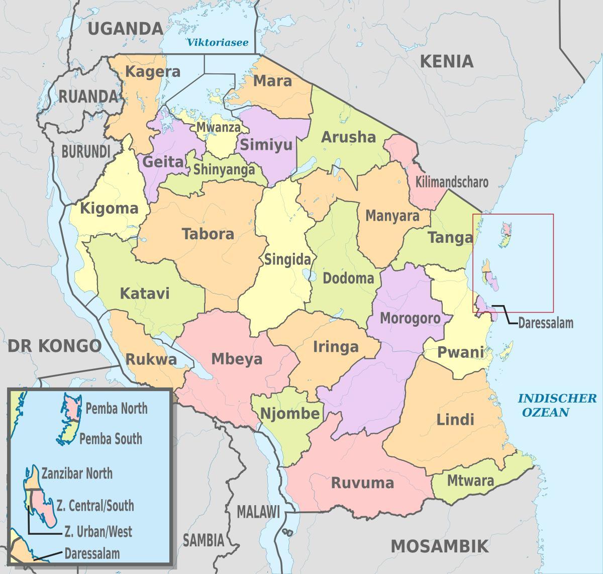 карта на танзанија покажува региони и области