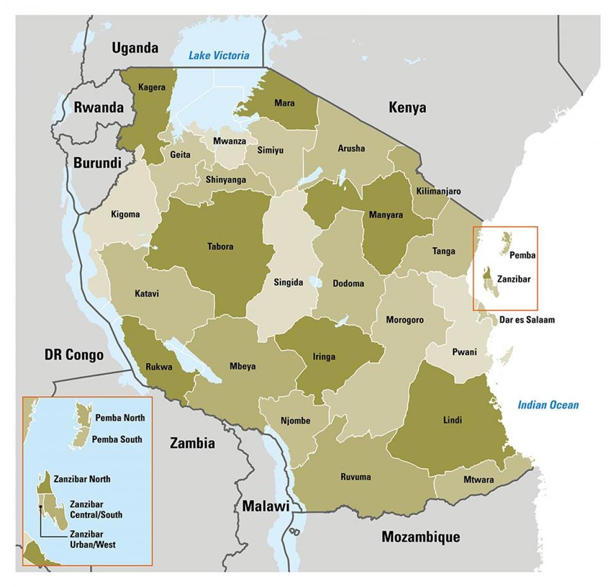 карта на танзанија покажува региони