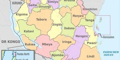 Карта на танзанија покажува региони и области
