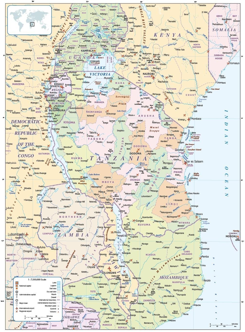 карта на танзанија и околните земји